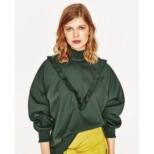 2/$30 Zara Poplin Shirt  XS Ruffle Frills Bottle Balloon Sleeve Puff Green #1663